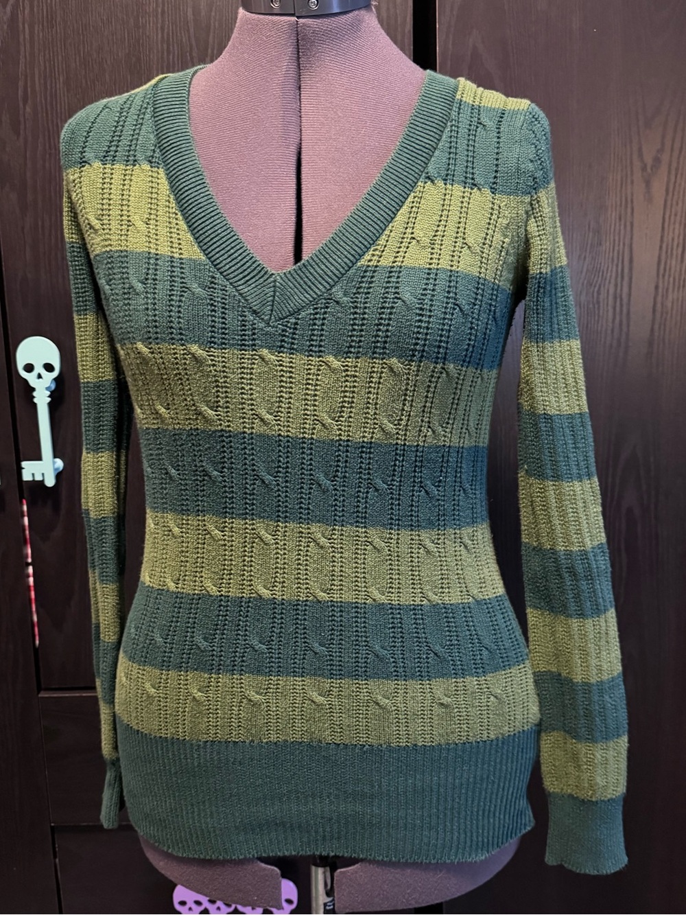 Classic Striped V-Neck Cable Knit Sweater - Olive & Forest